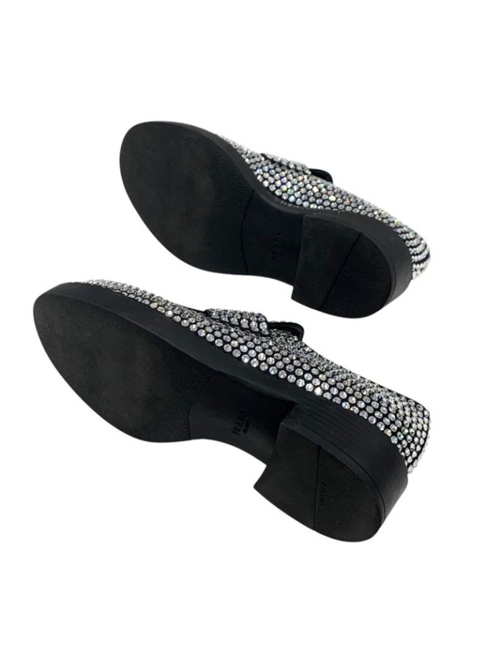 Prada Loafers Leather Shoes Satin Black Crystal Rhinestone Logo Plate - Picture 7 of 11